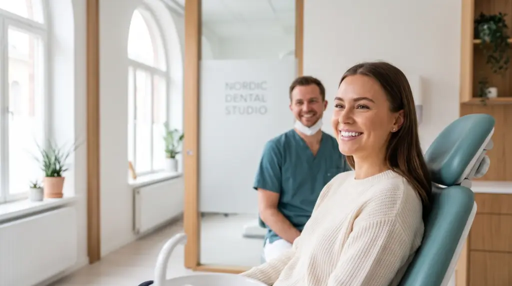 Modern diş kliniğinde gülümseyen mutlu hasta